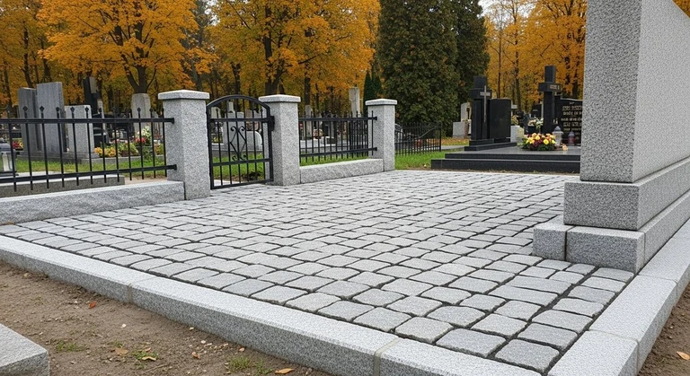 Благоустройство захоронений в Ярославле — мощение гранитной плиткой, цоколь и ограда на ухоженном участке