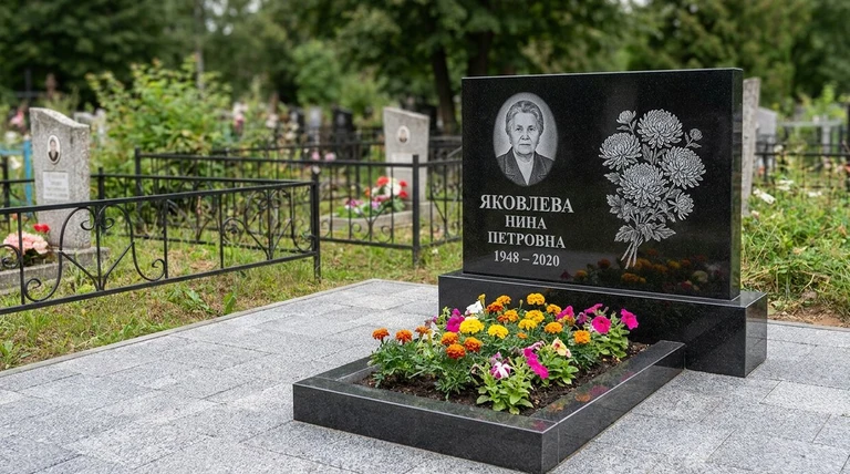 Гравировка хризантем на памятник в Ярославле — пример работы на граните