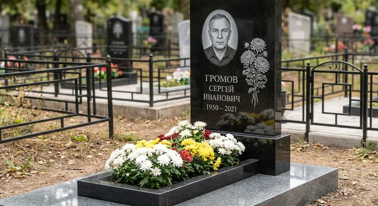 Памятник с гравировкой хризантем — выполненная работа «Громов» в Ярославле