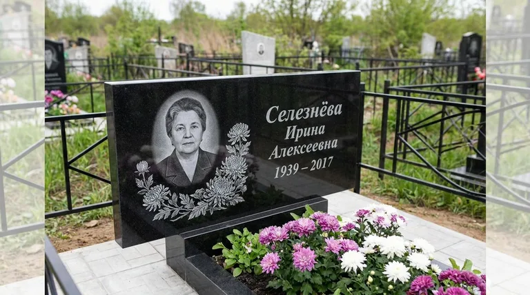 Памятник с гравировкой хризантем — выполненная работа «Селезнёва» в Ярославле