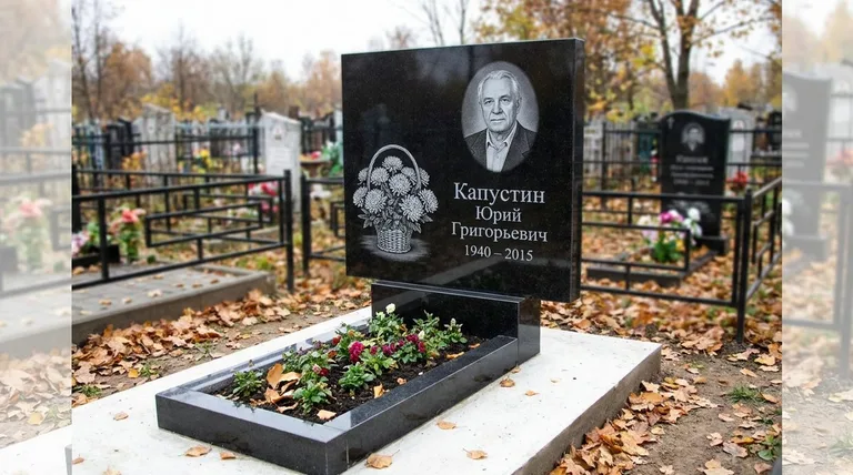 Памятник с гравировкой хризантем — выполненная работа «Капустин» в Ярославле