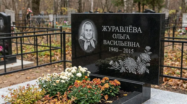 Памятник с гравировкой хризантем — выполненная работа «Журавлёва» в Ярославле