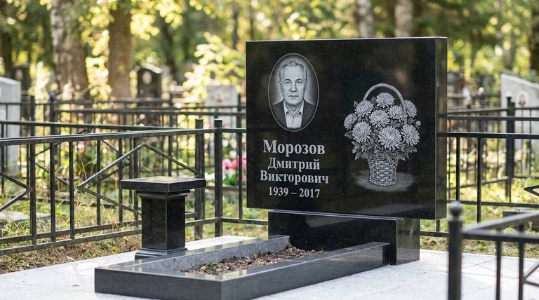 Памятник с гравировкой хризантем — выполненная работа «Морозов» в Ярославле