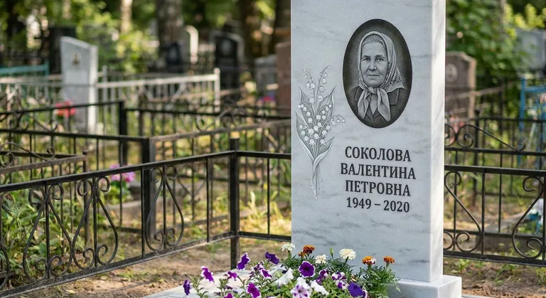 Памятник с гравировкой ландышей — выполненная работа «Соколова» в Ярославле