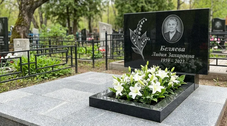 Памятник с гравировкой ландышей — выполненная работа «Беляева» в Ярославле