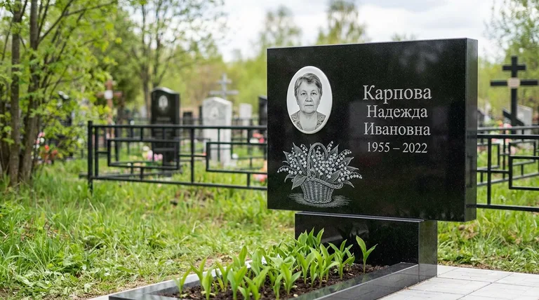 Памятник с гравировкой ландышей — выполненная работа «Карпова» в Ярославле