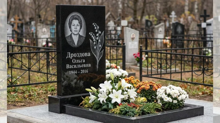 Памятник с гравировкой ландышей — выполненная работа «Дроздова» в Ярославле