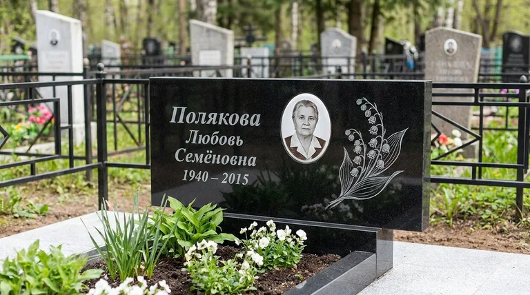Памятник с гравировкой ландышей — выполненная работа «Полякова» в Ярославле