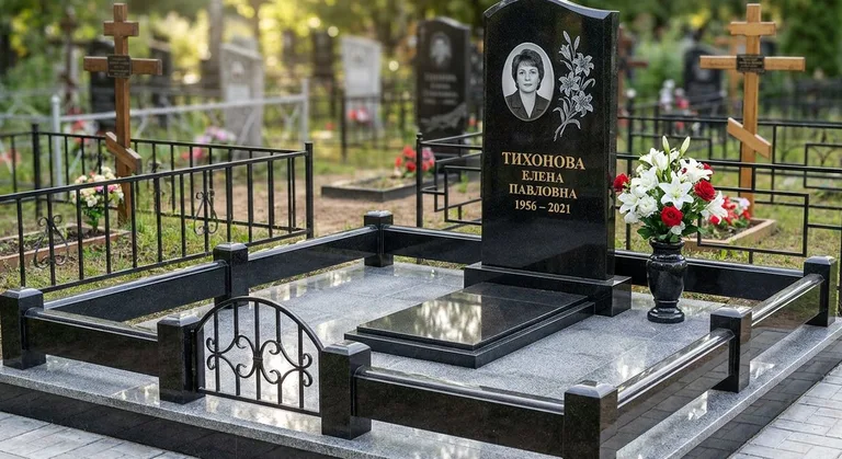 Памятник с гравировкой лилий — выполненная работа «Тихонова» в Ярославле