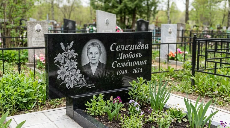 Памятник с гравировкой лилий — выполненная работа «Селезнёва» в Ярославле