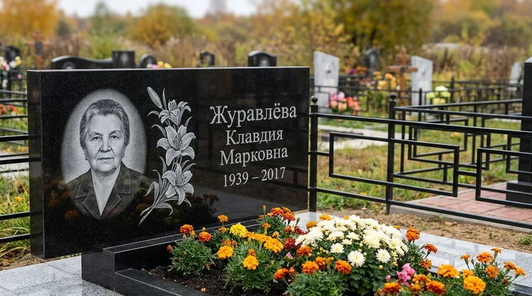 Памятник с гравировкой лилий — выполненная работа «Журавлёва» в Ярославле