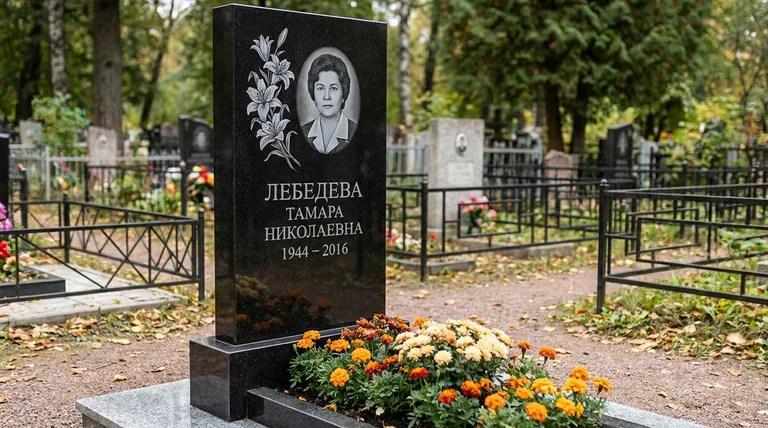 Памятник с гравировкой лилий — выполненная работа «Лебедева» в Ярославле