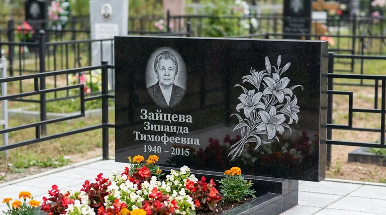 Памятник с гравировкой лилий — выполненная работа «Зайцева» в Ярославле