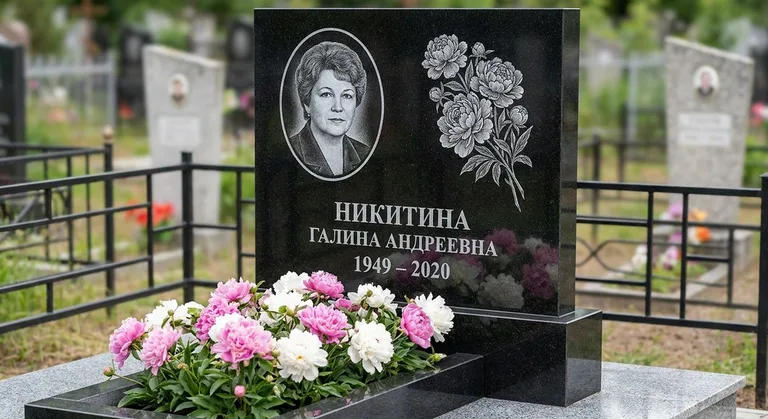Памятник с гравировкой пионов — выполненная работа «Никитина» в Ярославле