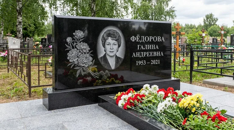 Памятник с гравировкой пионов — выполненная работа «Фёдорова» в Ярославле