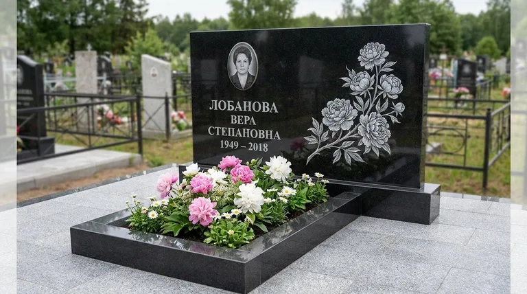 Памятник с гравировкой пионов — выполненная работа «Лобанова» в Ярославле