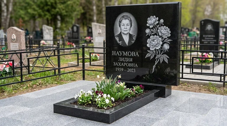 Памятник с гравировкой пионов — выполненная работа «Наумова» в Ярославле