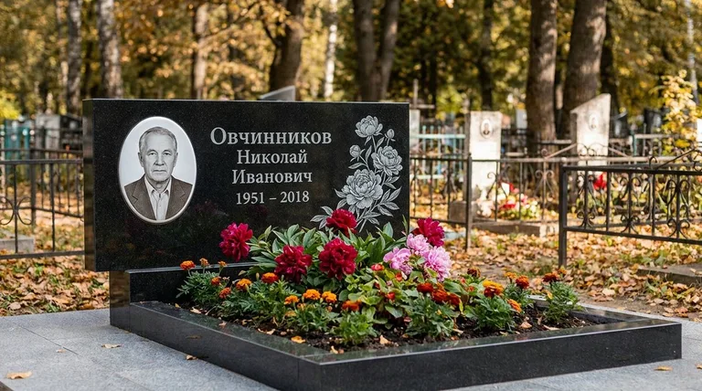 Памятник с гравировкой пионов — выполненная работа «Овчинников» в Ярославле