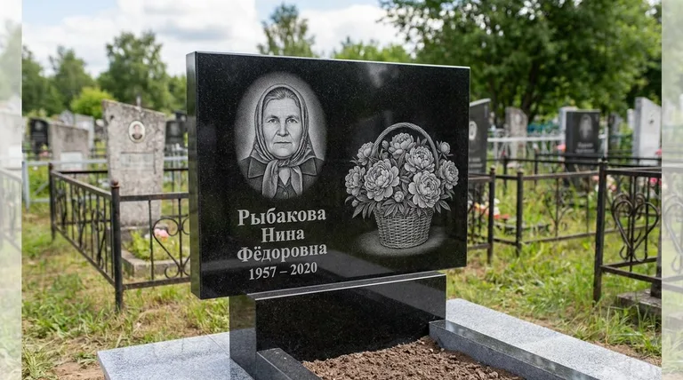 Памятник с гравировкой пионов — выполненная работа «Рыбакова» в Ярославле
