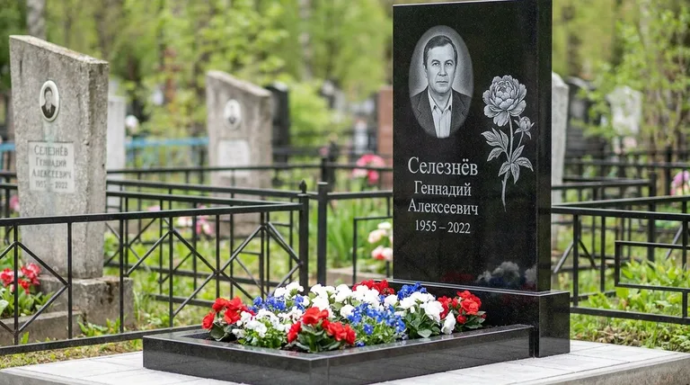Памятник с гравировкой пионов — выполненная работа «Селезнёв» в Ярославле