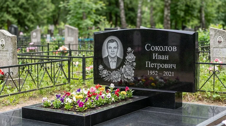Памятник с гравировкой пионов — выполненная работа «Соколов» в Ярославле
