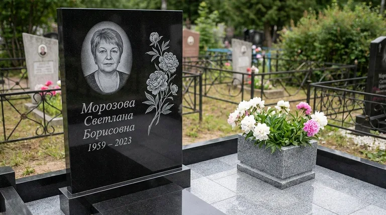 Памятник с гравировкой пионов — выполненная работа «Морозова» в Ярославле