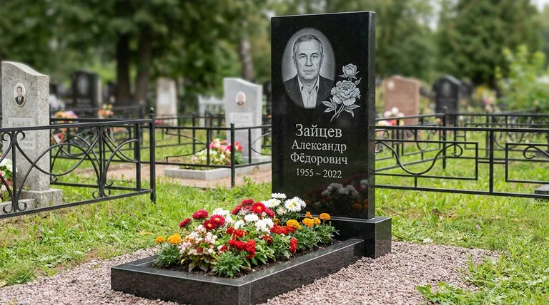 Памятник с гравировкой пионов — выполненная работа «Зайцев» в Ярославле