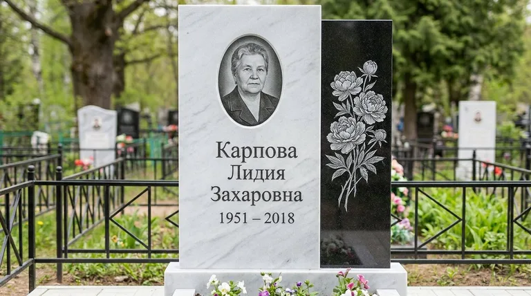 Памятник с гравировкой пионов — выполненная работа «Карпова» в Ярославле