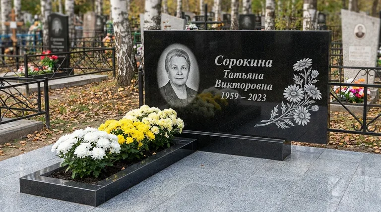 Памятник с гравировкой ромашек — выполненная работа «Сорокина» в Ярославле
