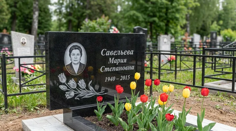 Памятник с гравировкой тюльпанов — выполненная работа «Савельева» в Ярославле