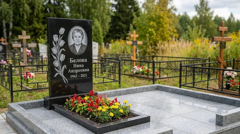 Памятник с гравировкой тюльпанов — выполненная работа «Белова» в Ярославле