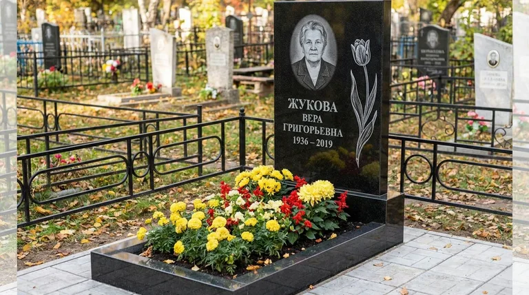 Памятник с гравировкой тюльпанов — выполненная работа «Жукова» в Ярославле