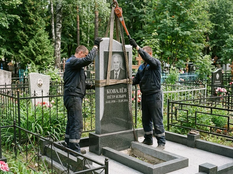 Демонтаж памятника на кладбище в Ярославле — бригада аккуратно снимает старый гранитный памятник с могилы