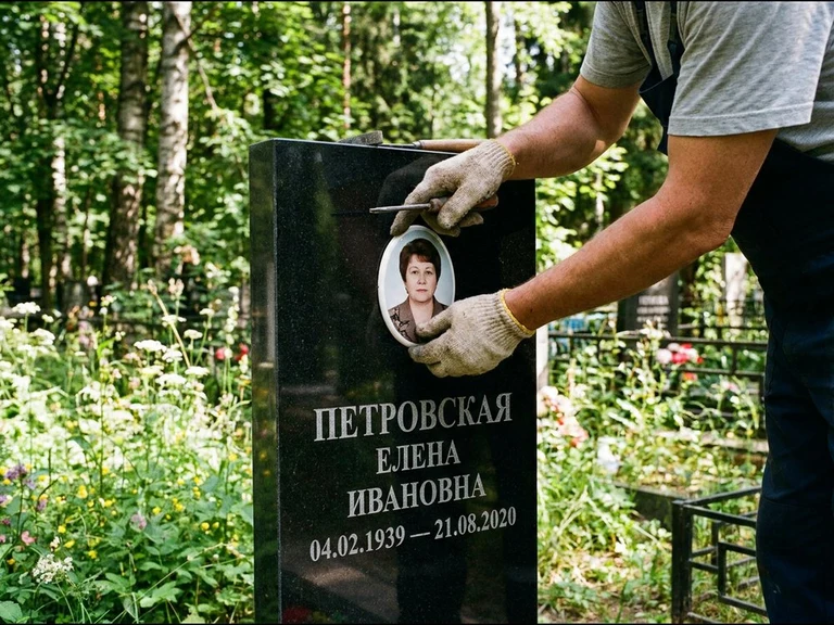 Фото на керамике на памятник в Ярославле — мастер устанавливает овальный керамический портрет на гранитный памятник