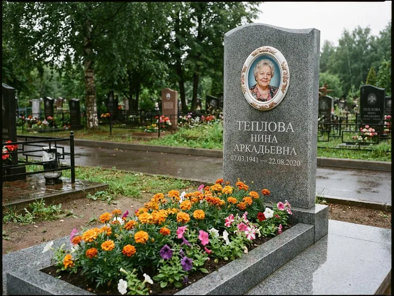 Керамический портрет на памятнике с цветами в Ярославле