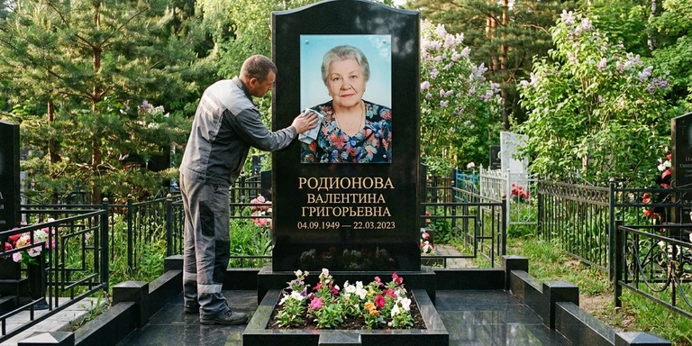 Фотокерамика и печать фото на памятник в Ярославле — мастер устанавливает цветной портрет на стекле на гранитный памятник