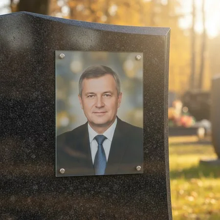 Портрет на стекле на держателях на чёрном граните в Ярославле