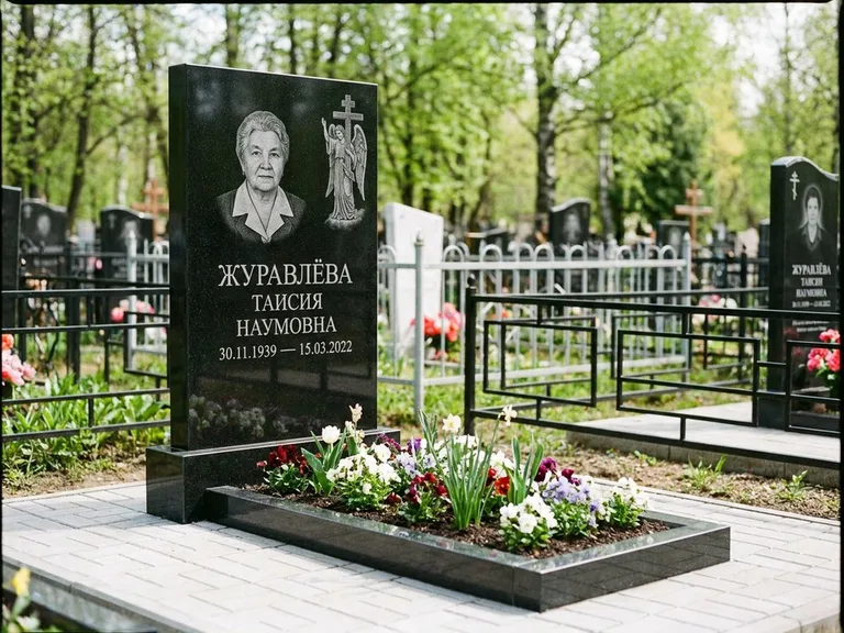 Памятник с гравировкой ангела — гравировка ангела с голубем по диагонали стелы, работа «Журавлёва» в Ярославле