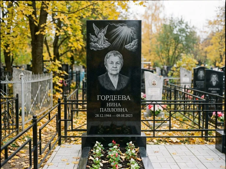 Памятник с гравировкой ангела — гравировка ангела в облаках с лучами над портретом, работа «Гордеева» в Ярославле