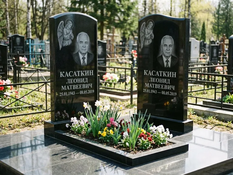 Памятник с гравировкой ангела — гравировка молящегося ангела в верхней части стелы, работа «Касаткин» в Ярославле