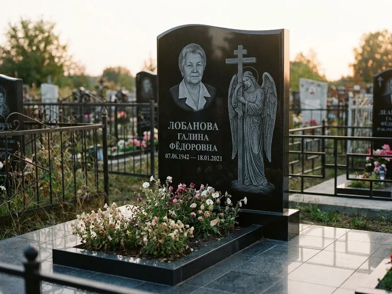 Памятник с гравировкой ангела — гравировка ангела с крестом рядом с эпитафией, работа «Лобанова» в Ярославле