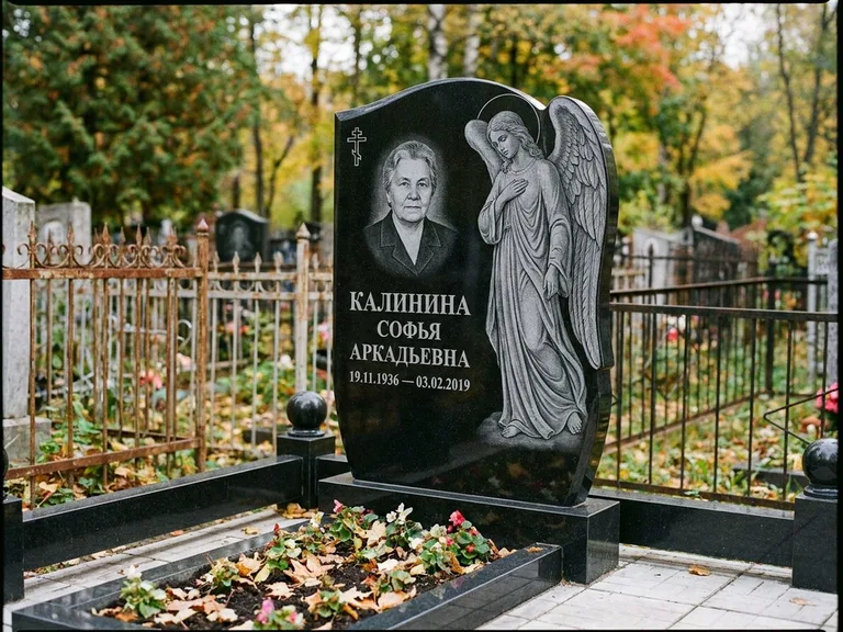 Памятник с гравировкой ангела — гравировка ангела с крестом рядом с эпитафией, работа «Игнатова» в Ярославле