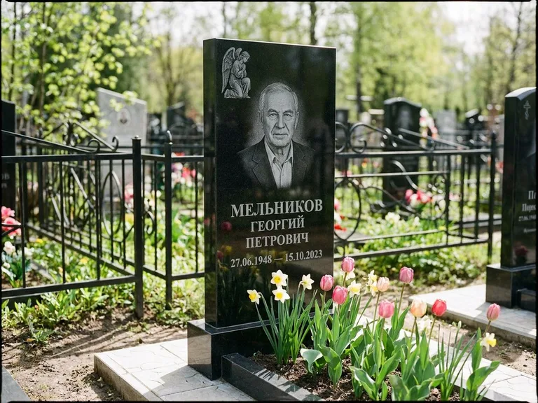 Памятник с гравировкой ангела — гравировка ангела с голубем по диагонали стелы, работа «Доронин» в Ярославле