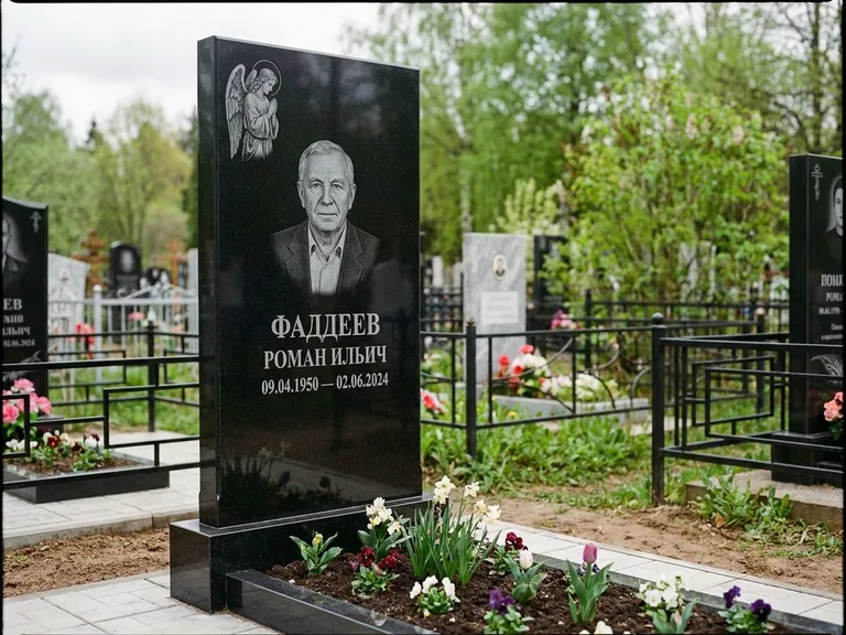 Памятник с гравировкой ангела — гравировка молящегося ангела в верхней части стелы, работа «Фаддеев» в Ярославле