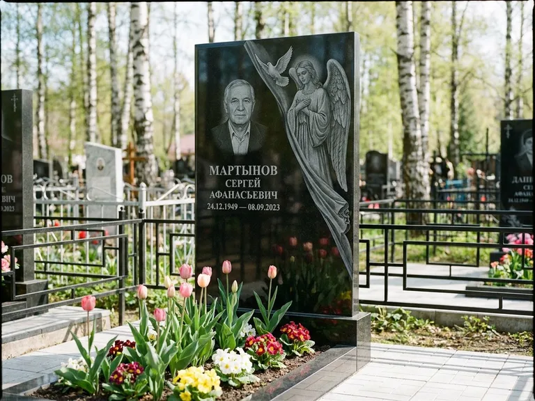 Памятник с гравировкой ангела — гравировка двух ангелов по сторонам портрета, работа «Касаткин» в Ярославле