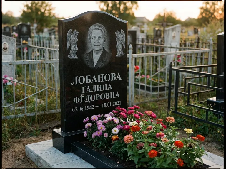 Памятник с гравировкой ангела — гравировка двух ангелов по сторонам портрета, работа «Лобанова» в Ярославле