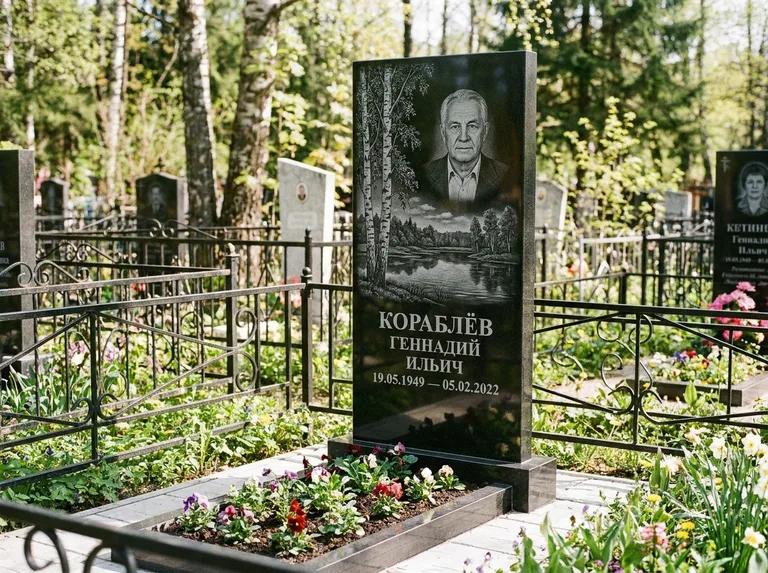 Памятник с гравировкой берёзы — гравировка берёзы у зеркального озера, работа «Кораблёв» в Ярославле