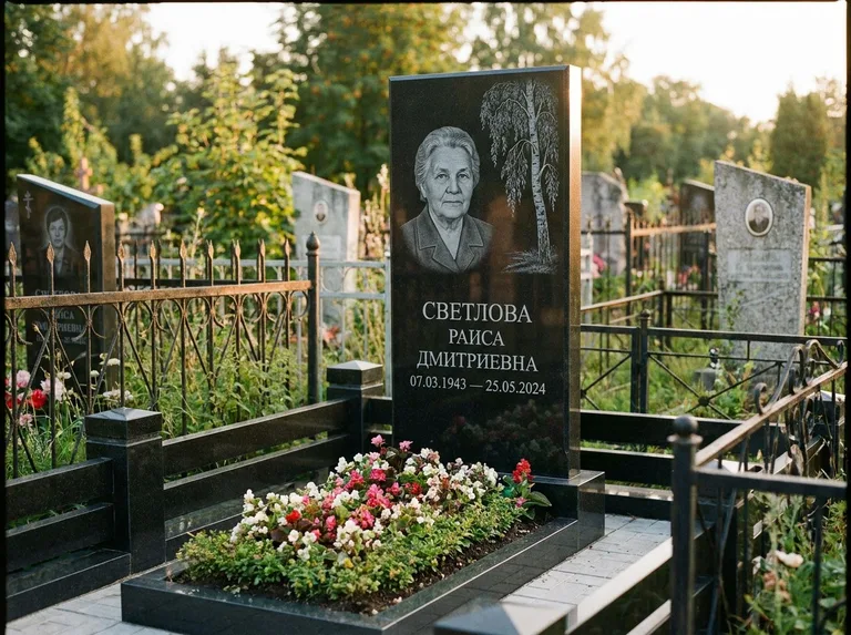 Памятник с гравировкой берёзы — гравировка плакучей берёзы с тонкими ветвями, работа «Светлова» в Ярославле