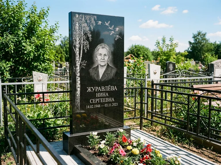Памятник с гравировкой берёзы — гравировка берёзы с журавлиным клином в небе, работа «Журавлёва» в Ярославле