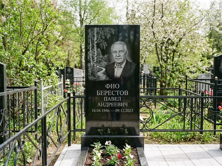 Памятник с гравировкой берёзы — гравировка берёзы у тропинки, уходящей вдаль, работа «Берестов» в Ярославле